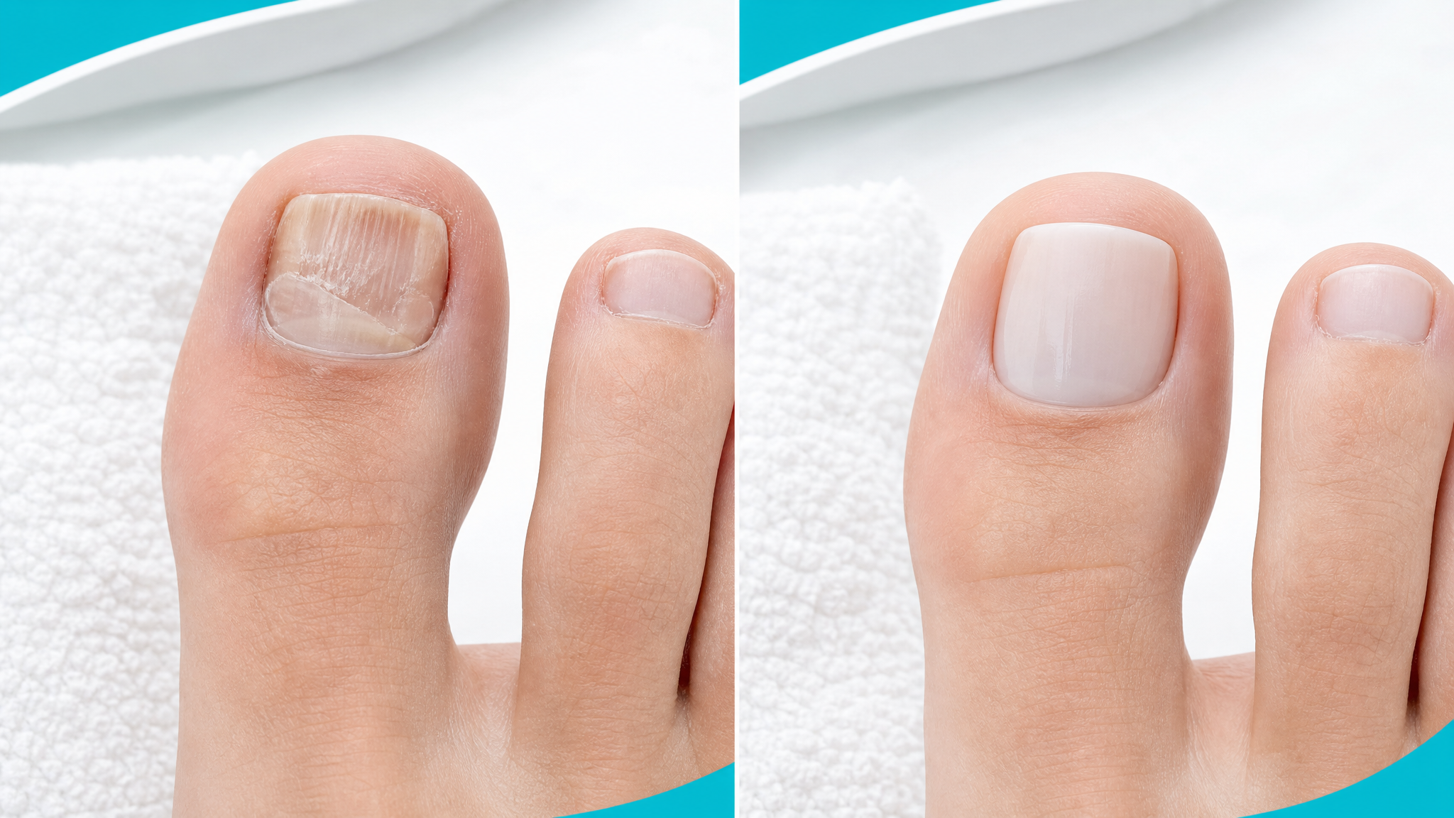 Before and after illustration of restorative toenail reconstruction